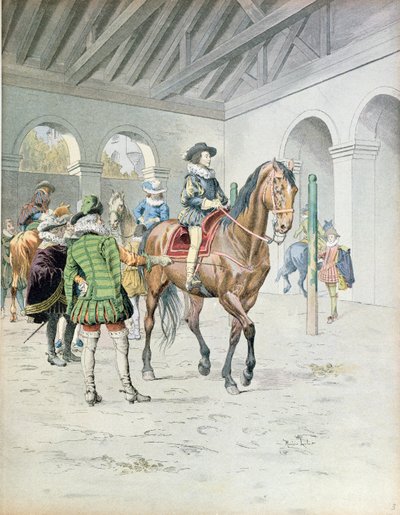 Armand-Jean du Plessis, Kardinal Richelieu (1585-1642) lernt reiten, Illustration aus einem Leben von Richelieu von Theodore Camu, 1910 von Maurice Leloir